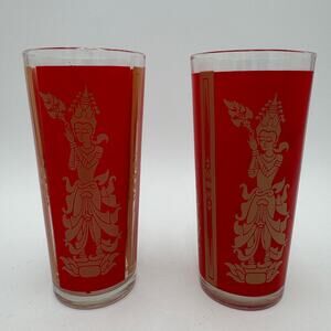 Thai Princess Hollywood Regency Printed 22 Karat Gold High Ball Glasses Set/2